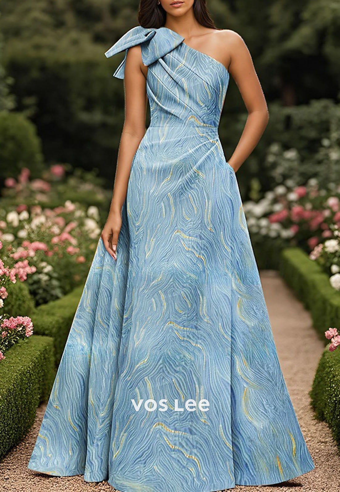 Elegant Blue One Shoulder Bow Evening Dress A Line Formal Gowns