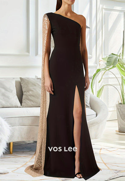 Black Floor-Length One Shoulder Side Slit Evening Gown with Sequined Stole