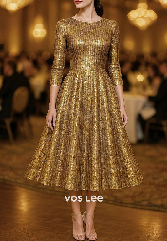 Elegant Gold Sequined A-Line Tea-Length Evening Gowns