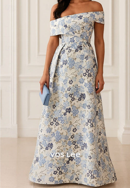 Elegant Vintage Off Shoulder Formal Dress with Floral Print
