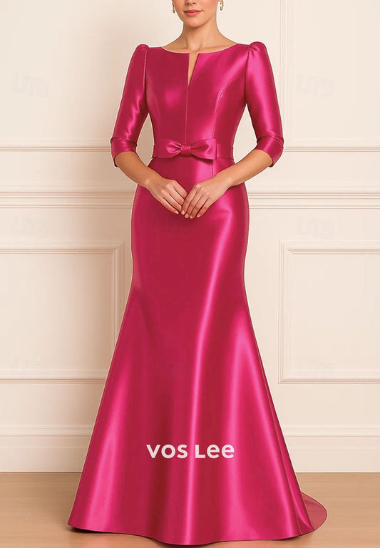 3/4 Length Sleeve Satin with Bow Trumpet Floor Length Evening Gown
