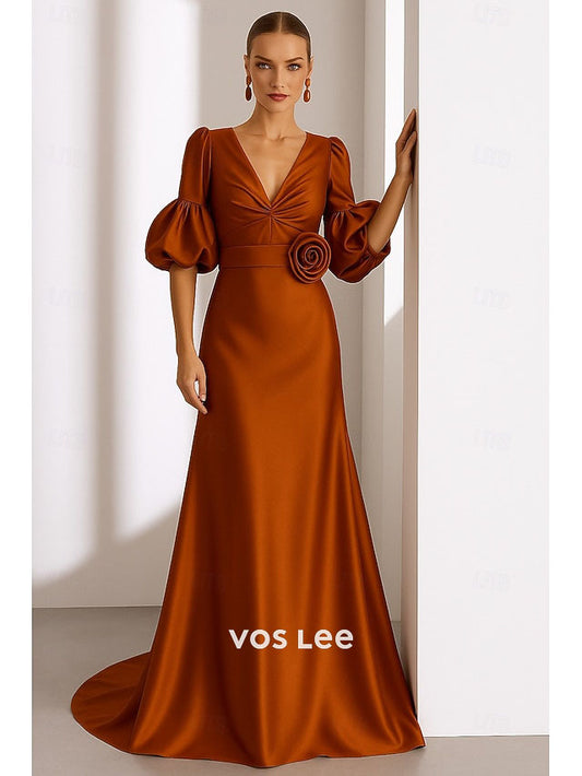 Elegant Half Sleeve V Neck A-Line Floor Length Evening Gown Formal Dress