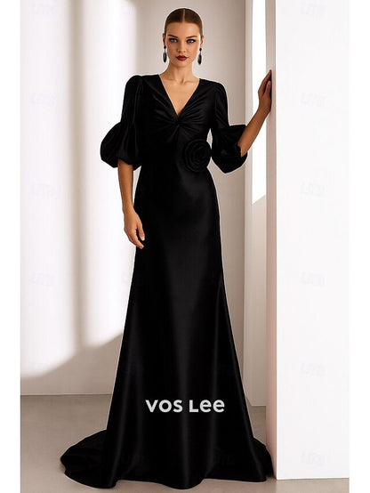 Elegant Half Sleeve V Neck A-Line Floor Length Evening Gown Formal Dress
