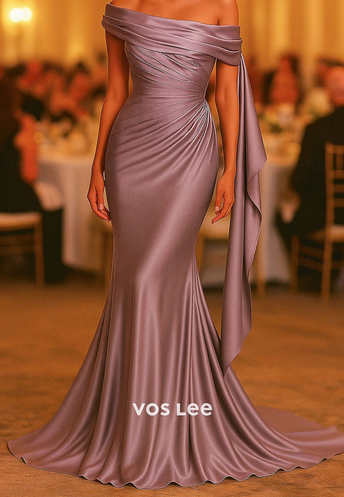 Off the Shoulder Satin Mermaid Pleat Evening Dress