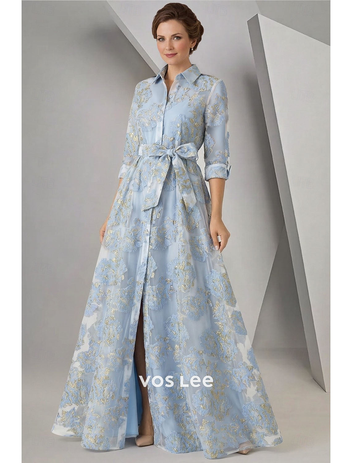 Blush Pink Floral Embroidered Shirt Dress | Belted Waist Rolled Sleeve Maxi Dress with Slit