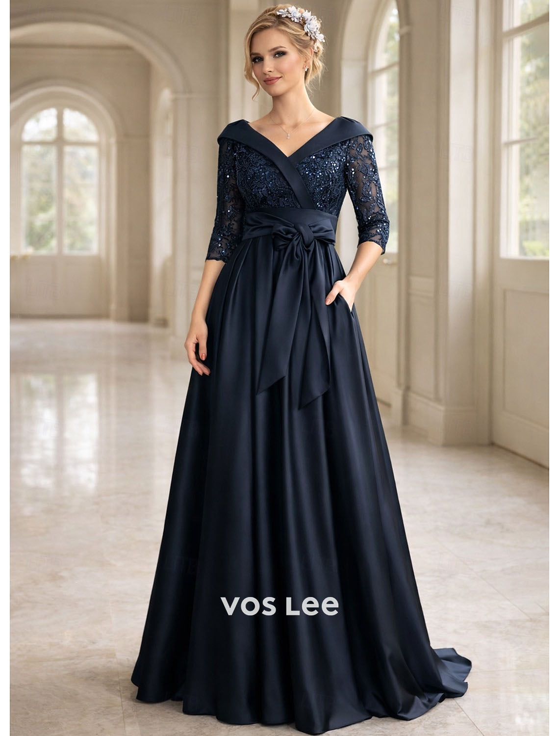 Blush Pink Satin V-Neck Pocketed Mother of the Bride Dress with Lace Bodice Gown