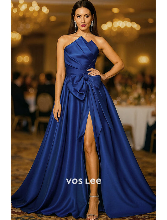 Royal Blue One-Shoulder A-Line Gown – Satin Formal Dress with Oversized Bow & High Slit