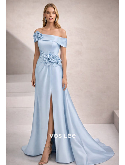 Off-the-Shoulder Mermaid Gown – Satin Formal Dress with 3D Floral Appliqué & High Slit