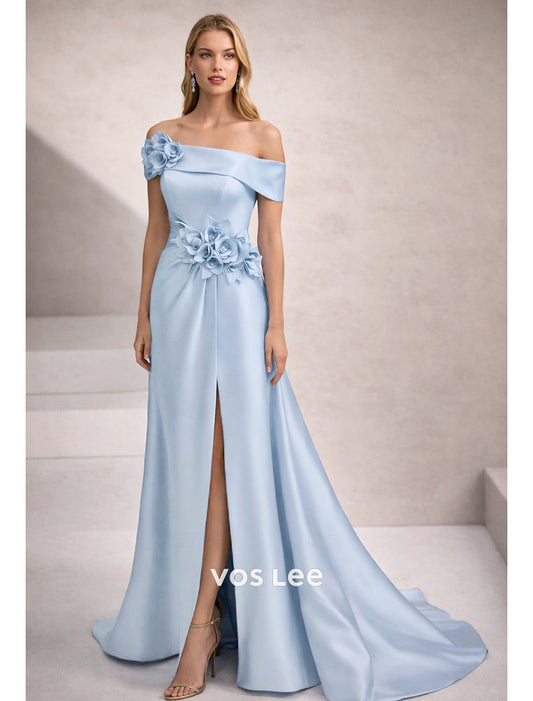 Off-the-Shoulder Mermaid Gown – Satin Formal Dress with 3D Floral Appliqué & High Slit