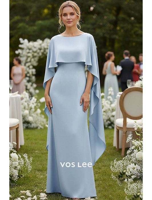 Sky Blue Cape Sleeve Maxi Dress | Elegant Mother of the Bride Formal Gown