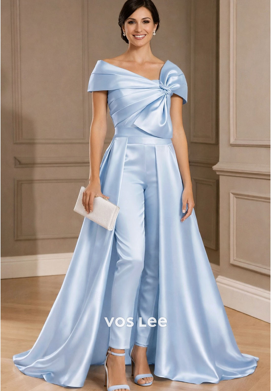 Off-the-Shoulder Jumpsuit with Overskirt Satin Formal Pant Suit for Mother of the Bride