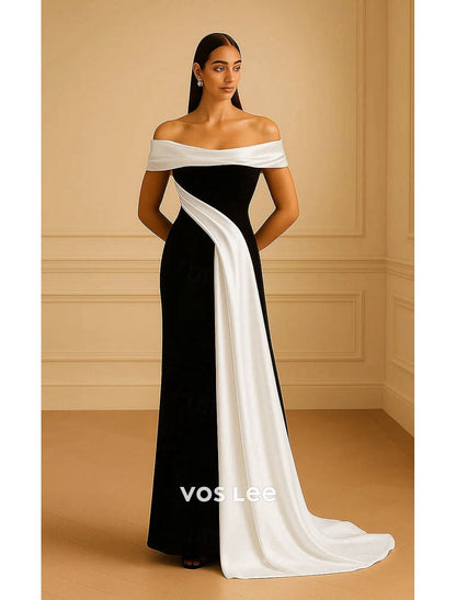 Mermaid Evening Gown with Overskirt Sleeveless Off Shoulder Wedding Formal Satin with Pleats