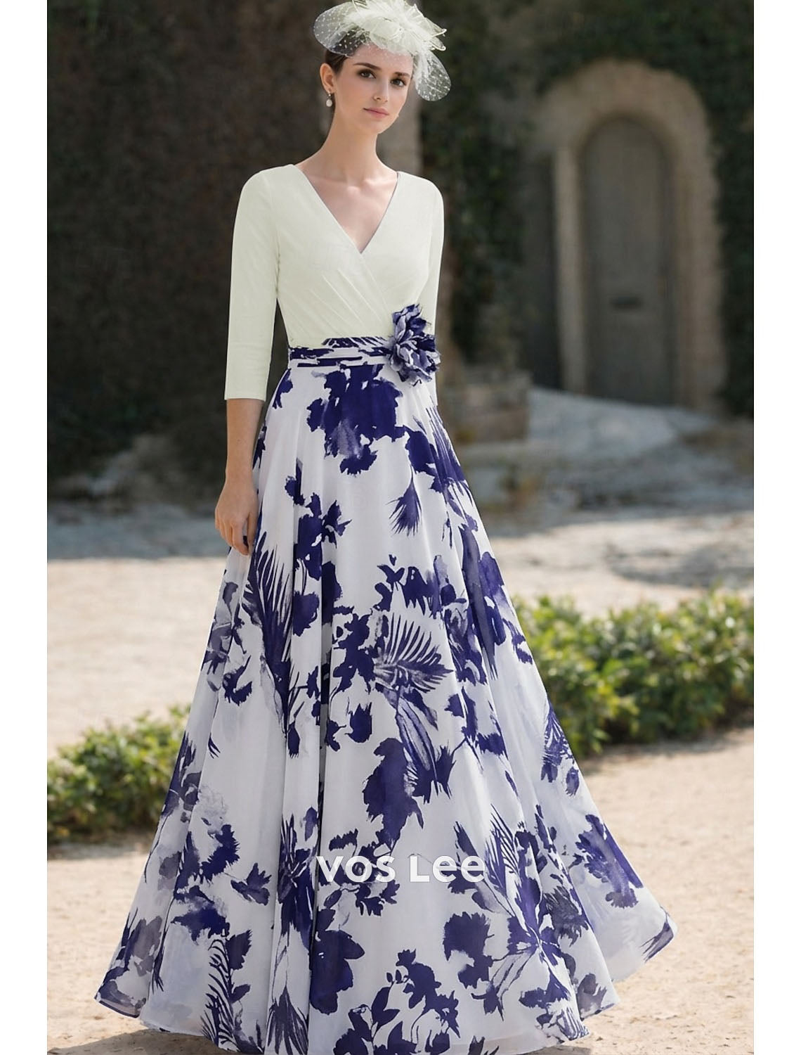 Orange Floral Maxi Dress | 3/4 Sleeve V-Neck Formal Gown with Floral Applique
