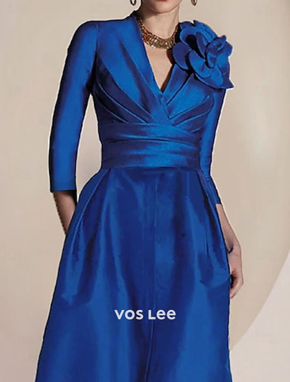 Royal Blue Satin Formal Gown | V-Neck 3/4 Sleeve Maxi Dress with Floral Applique, Pockets & Front Slit