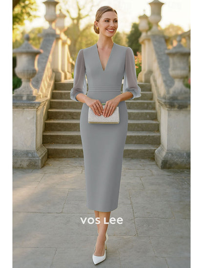 Lavender Sheath Wedding Guest Dress V-Neck Sheer Chiffon Sleeve Midi Dres