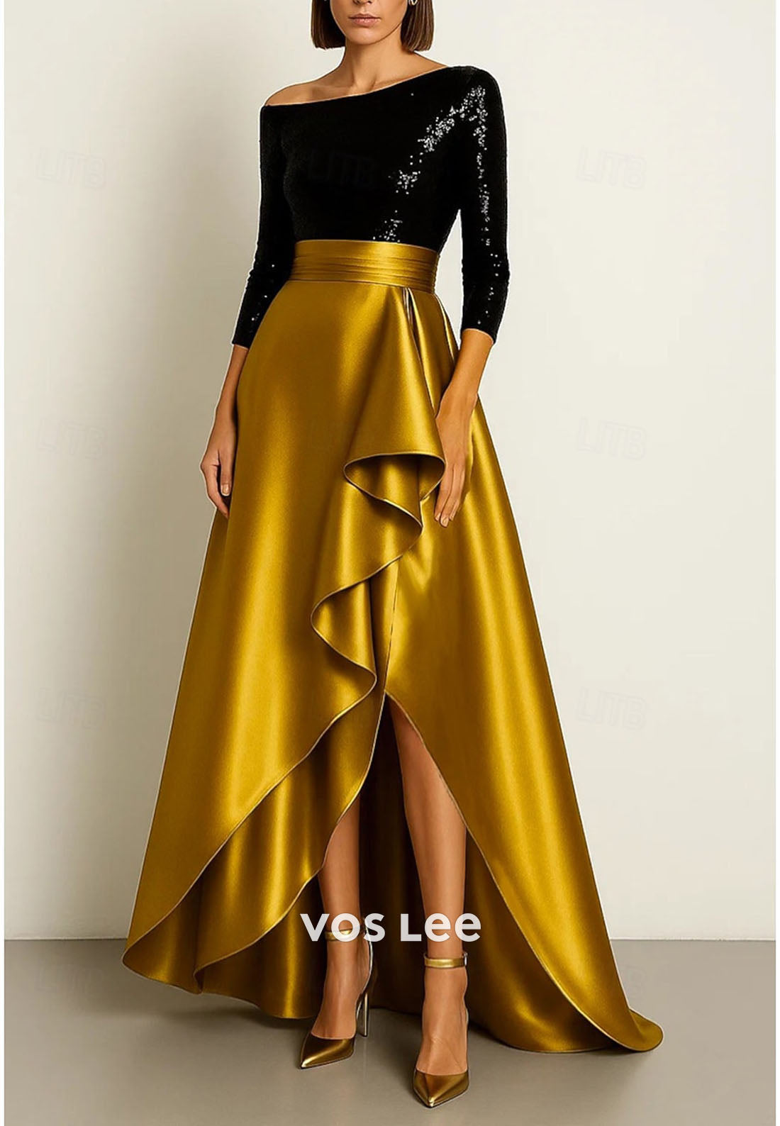 A-Line Asymmetrical Floor Length Sequined with Ruffles Slit Evening Gown