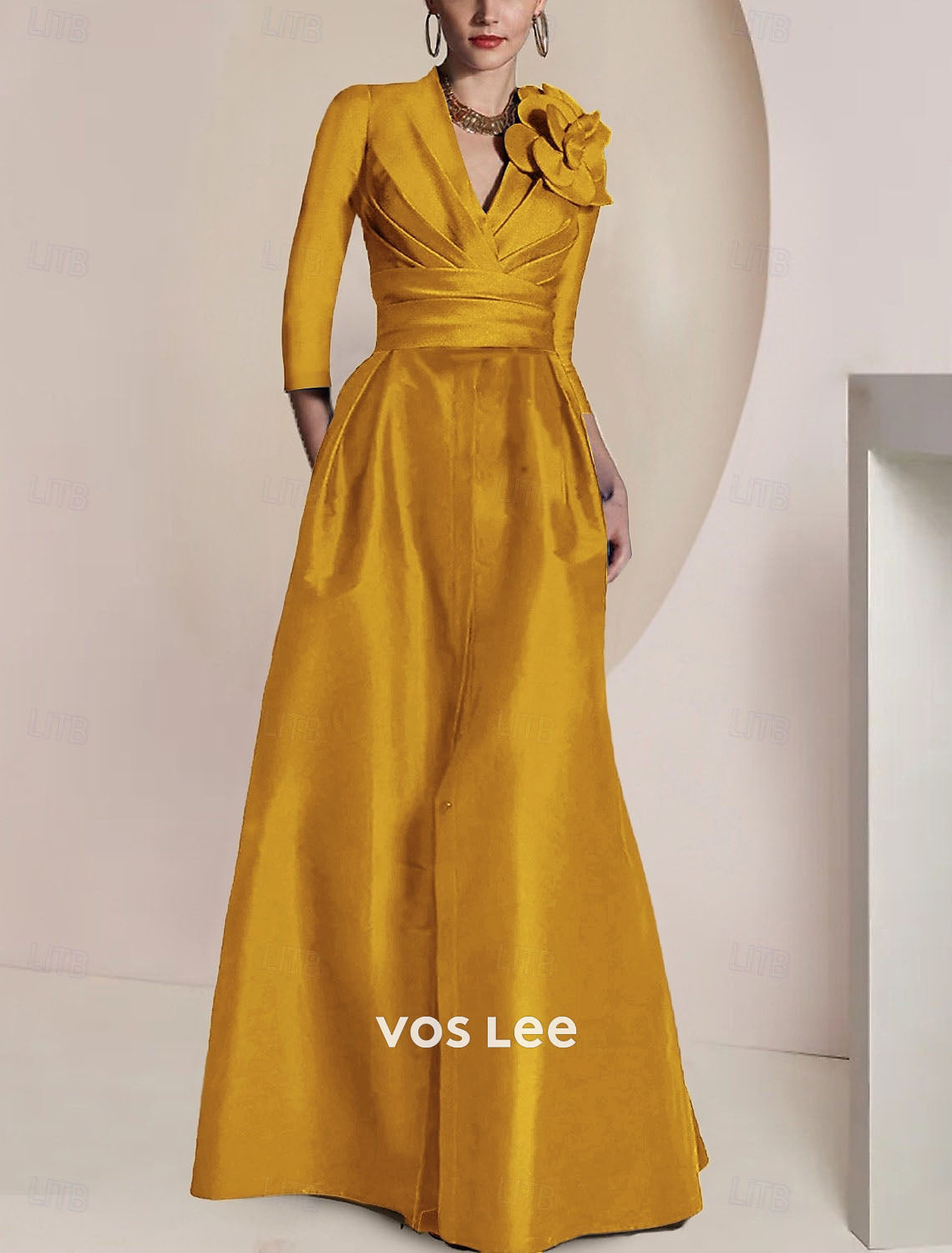 Royal Blue Satin Formal Gown | V-Neck 3/4 Sleeve Maxi Dress with Floral Applique, Pockets & Front Slit