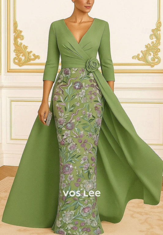 A-Line Sheath Satin Lace with Glitter Sequin Embroidery Floor Length Evening Gown Formal Dress