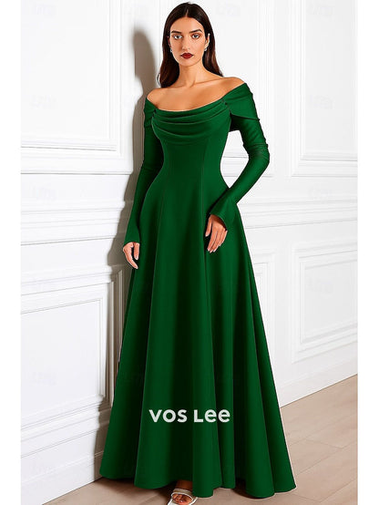 Fuchsia Off-the-Shoulder Satin A-Line Gown | Long Sleeve Formal Evening Dress