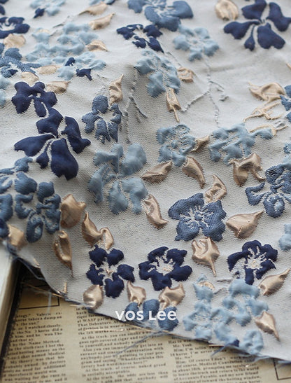 Sky Blue Floral Jacquard Fit-and-Flare Dress | V-Neck Cap Sleeve Midi Dress with Bow Belt