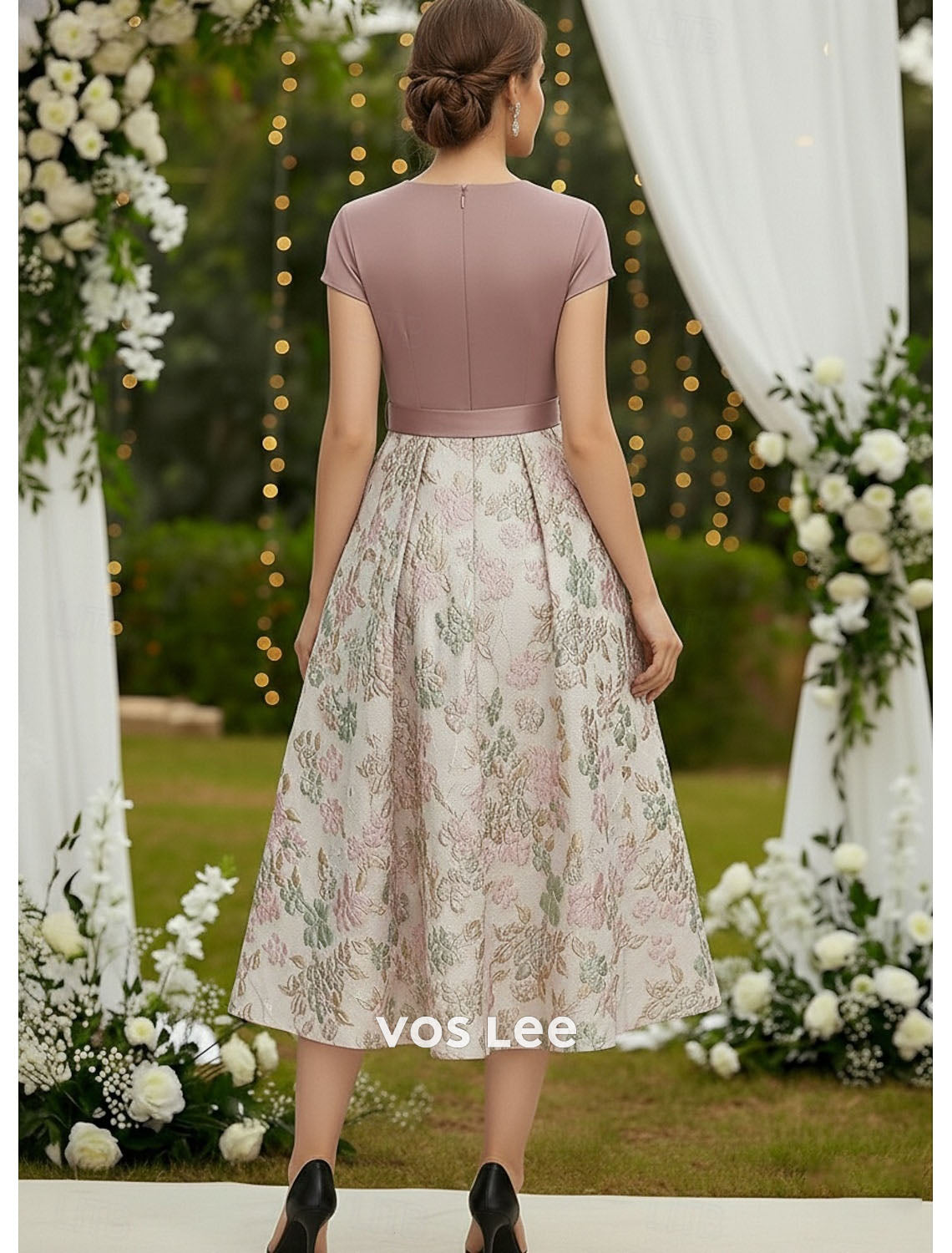 Sky Blue Floral Jacquard Fit-and-Flare Dress | V-Neck Cap Sleeve Midi Dress with Bow Belt