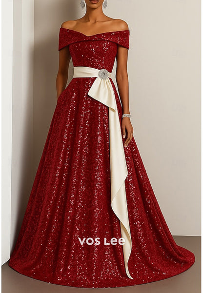 Fully Sequined A-Line Off the Shoulder Rhinestone Evening Dresses