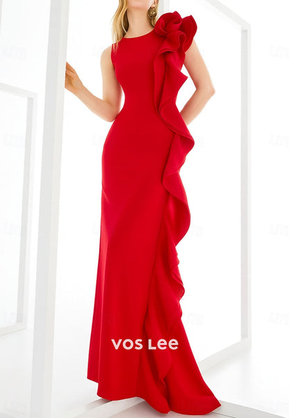 Elegant Red Scoop-Neck Sleeveless Evening Dress Ruffled Formal Gowns