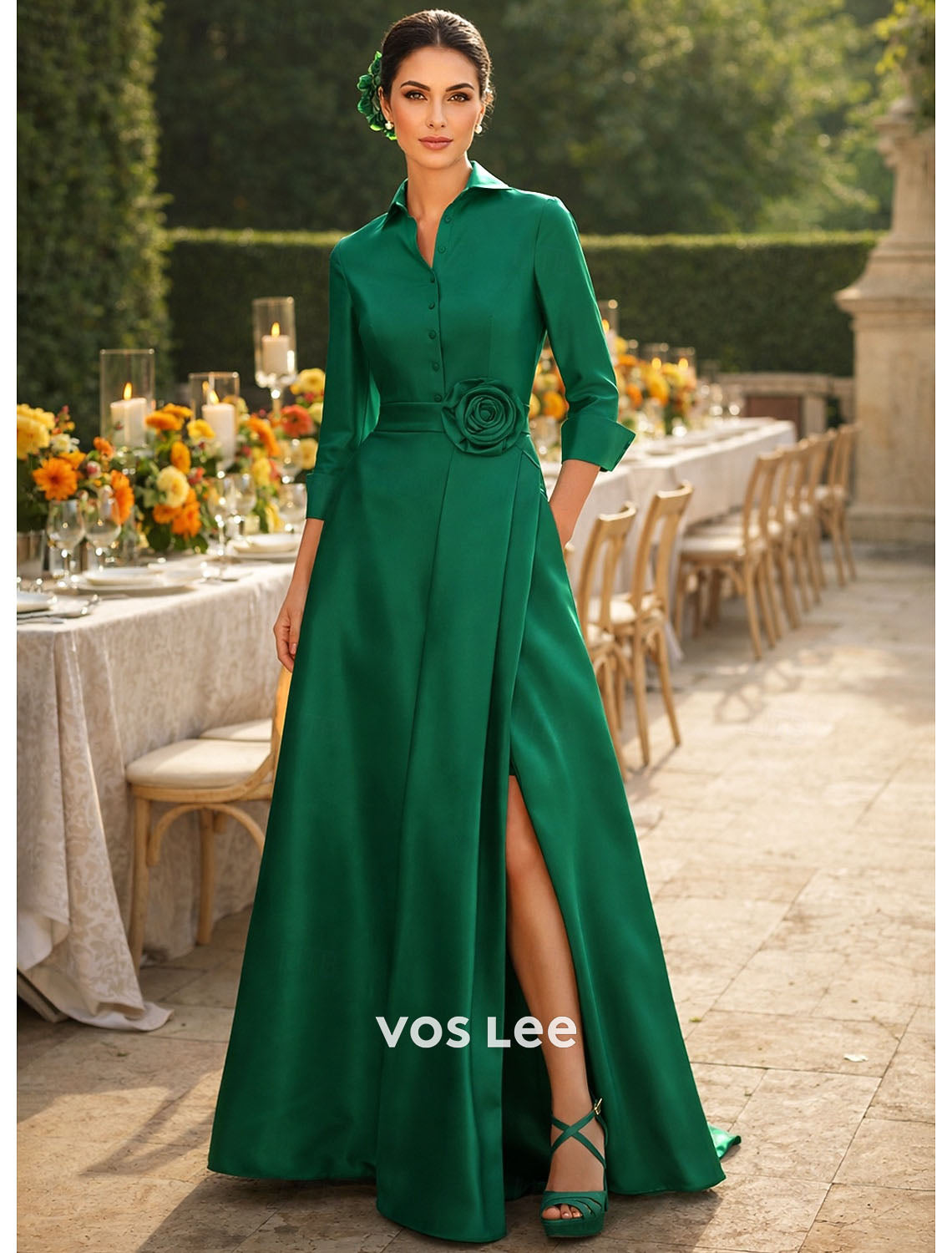 Emerald Green Satin 3/4 Sleeve Collared Formal Gown with Slit & Floral Dress
