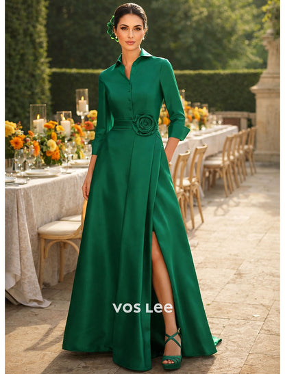 Emerald Green Satin 3/4 Sleeve Collared Formal Gown with Slit & Floral Dress
