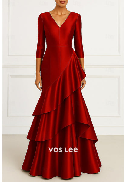Elegant A-Line Floor Length Long Sleeve V Neck Wedding Formal Satin with Pleats Ruffles