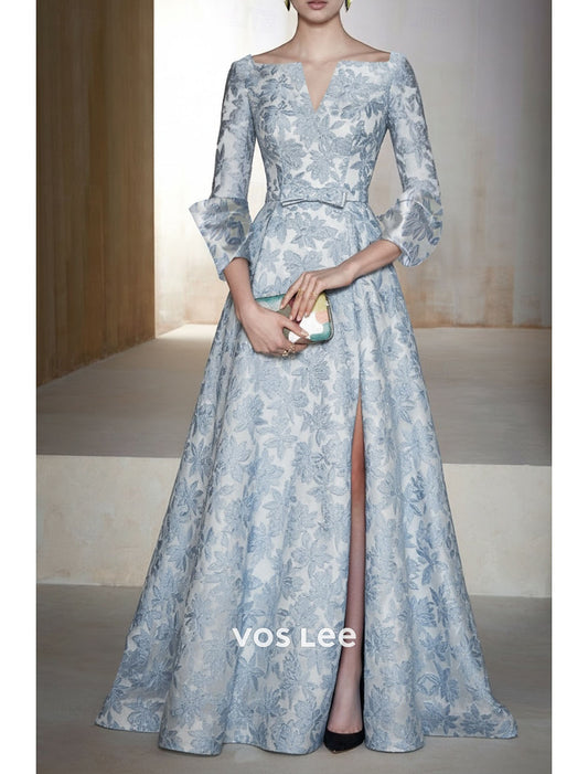 Elegant Floral A-Line Floor Length Ball Gown High Split Long Sleeve Dress