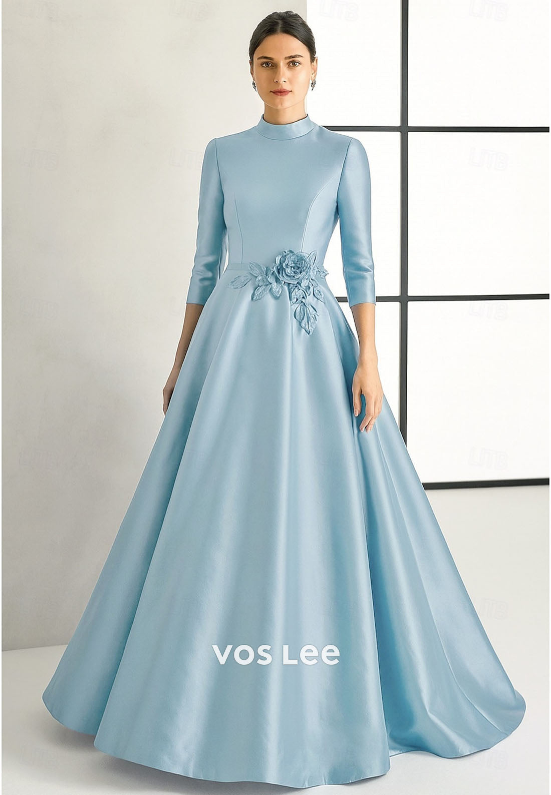 High Neck A-Line Gown – Satin Formal Dress with 3D Floral Appliqué