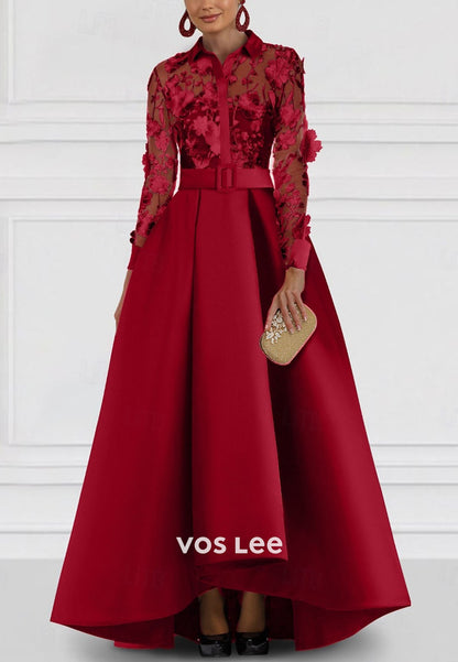 Long Sleeve Shirt Collar Satin Lace with Embroideryg A-Line Floor Length Formal Dress