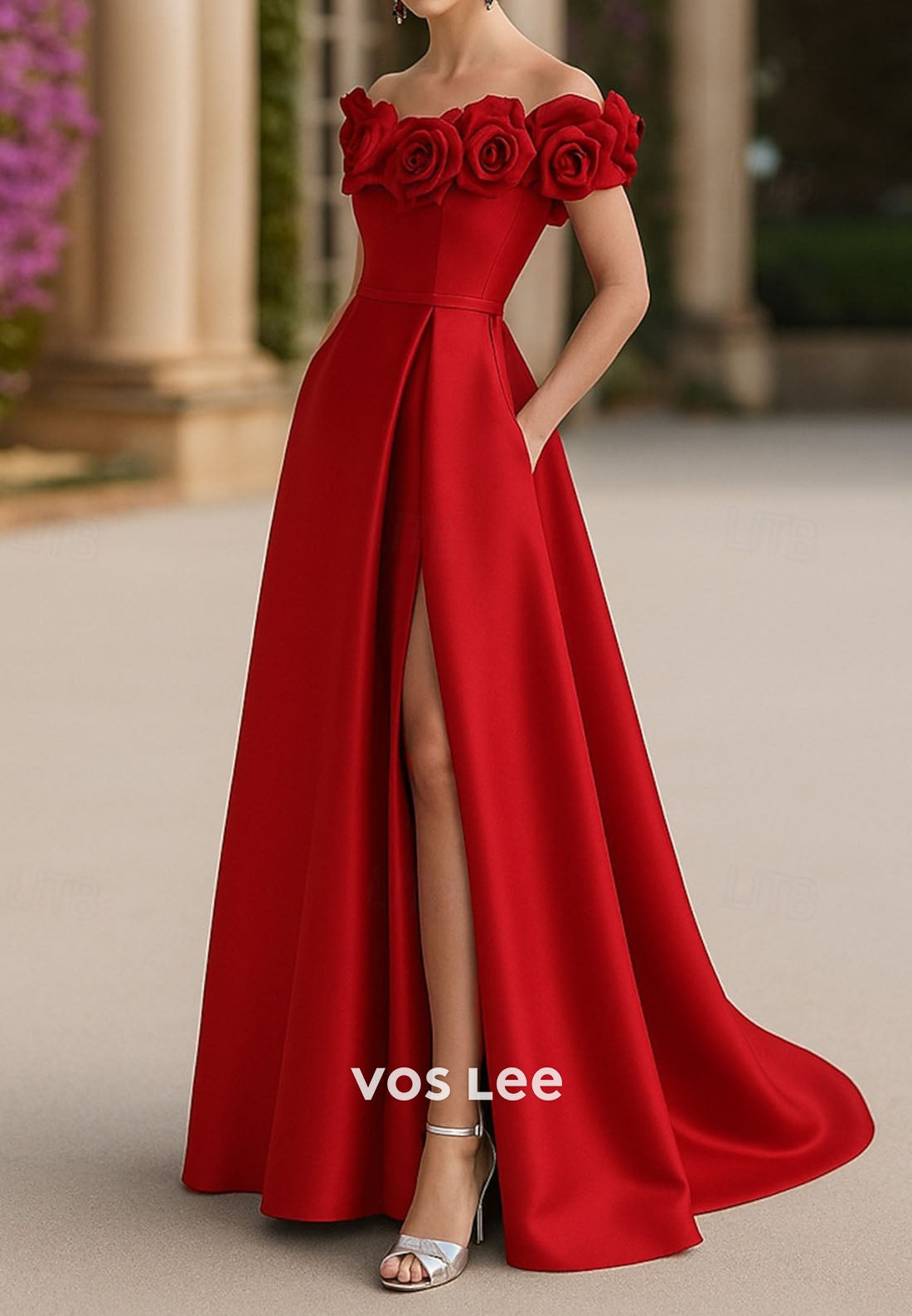 Off Shoulder A-Line Floor Length Slit Evening Gown With Flower Shoulder