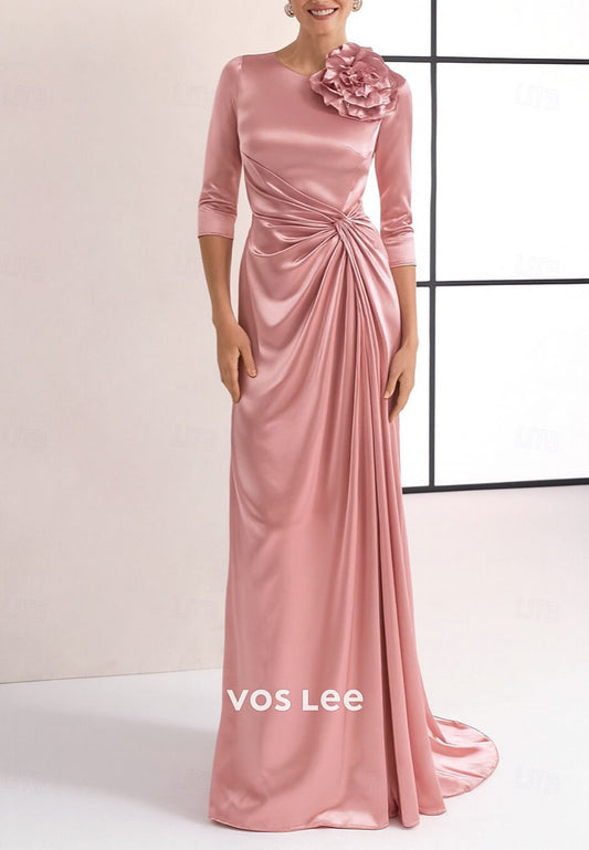 Elegant Pink Long Sleeves Pleat Evening Dress With 3D Flowers