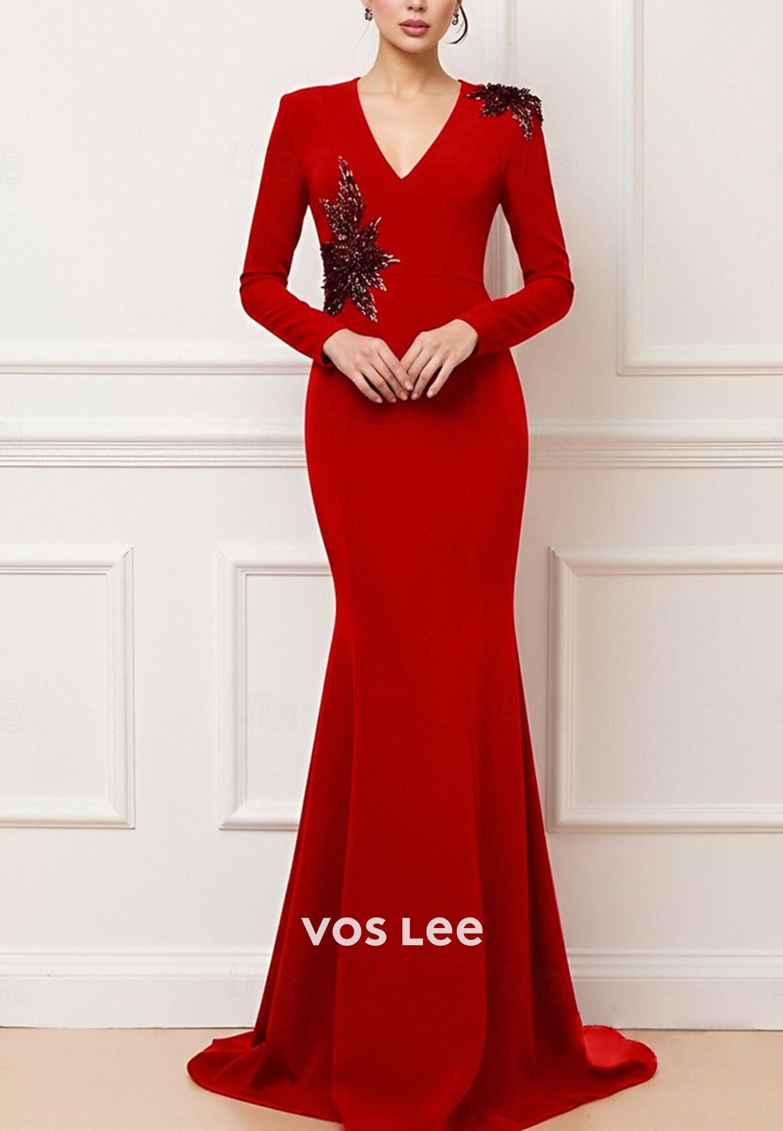 Elegant Long Sleeve V Neck Wedding Formal with Embroidery Mermaid Evening Gown