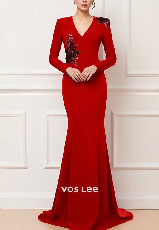 Elegant Long Sleeve V Neck Wedding Formal with Embroidery Mermaid Evening Gown