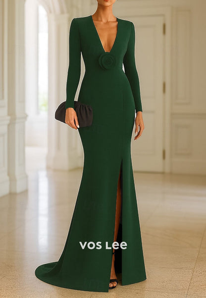 Long Sleeve V Neck Wedding Formal Mermaid Floor Length Evening Gown