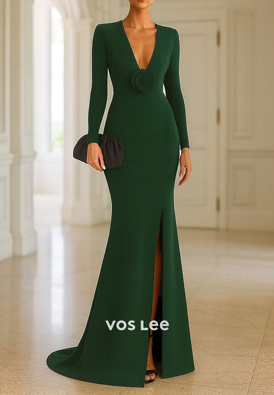Long Sleeve V Neck Wedding Formal Mermaid Floor Length Evening Gown