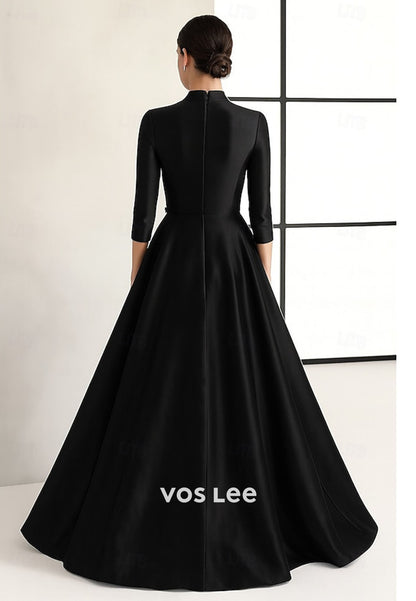 High Neck A-Line Gown – Satin Formal Dress with 3D Floral Appliqué