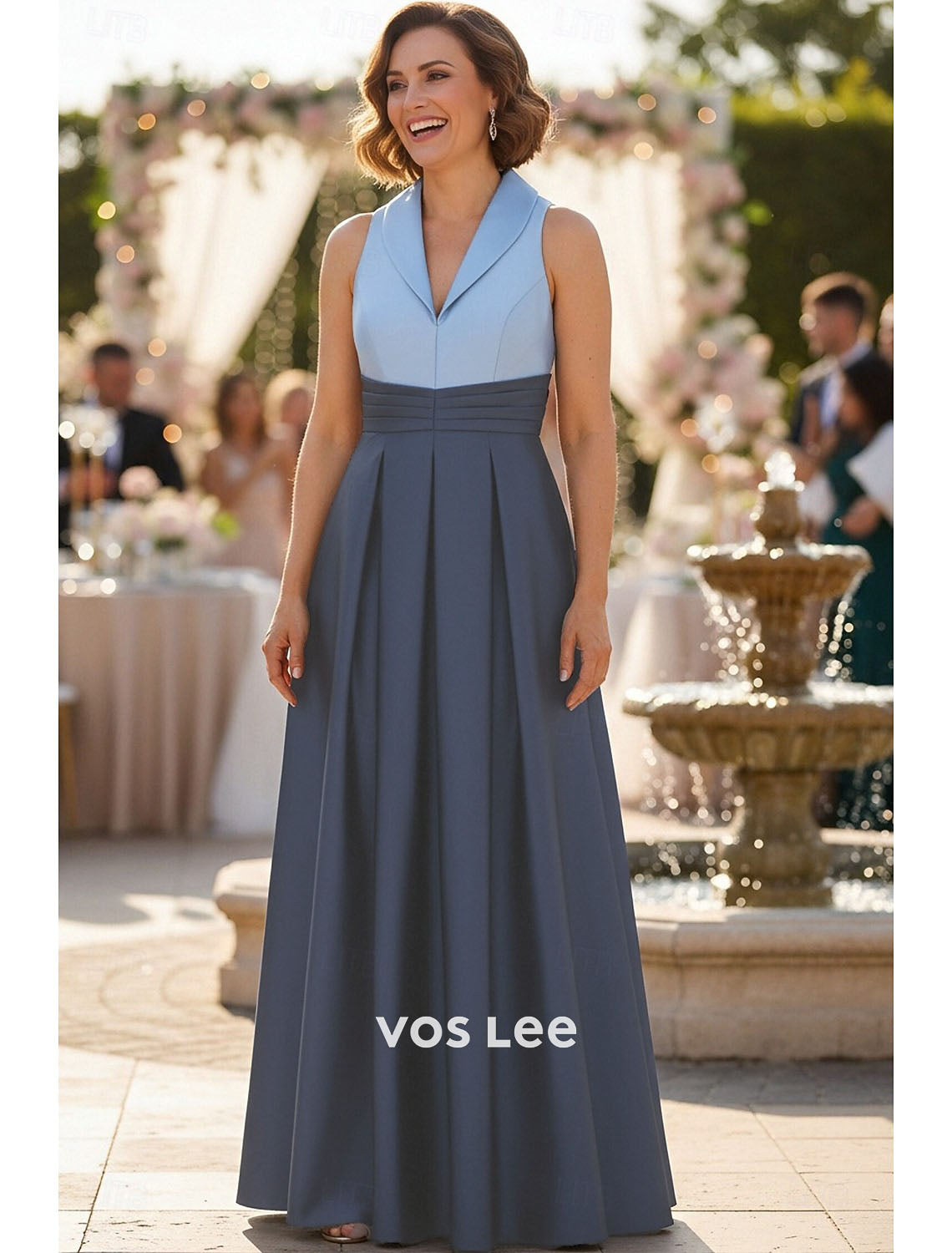Light & Dark Blue Color Block Sleeveless Maxi Dress | Elegant Wedding & Evening Attire
