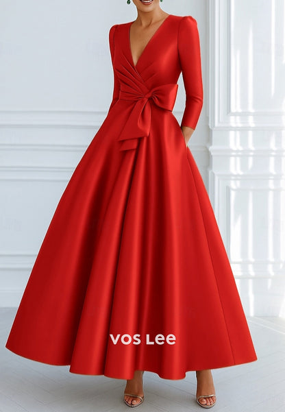 A-Line V Neck 3/4 Sleeve Bowknot Ankle-Length Evening Dresses