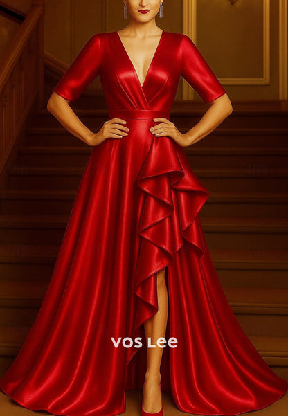 A-Line V Neck Short Sleeve High Split Evening Dresses with Sweep Train