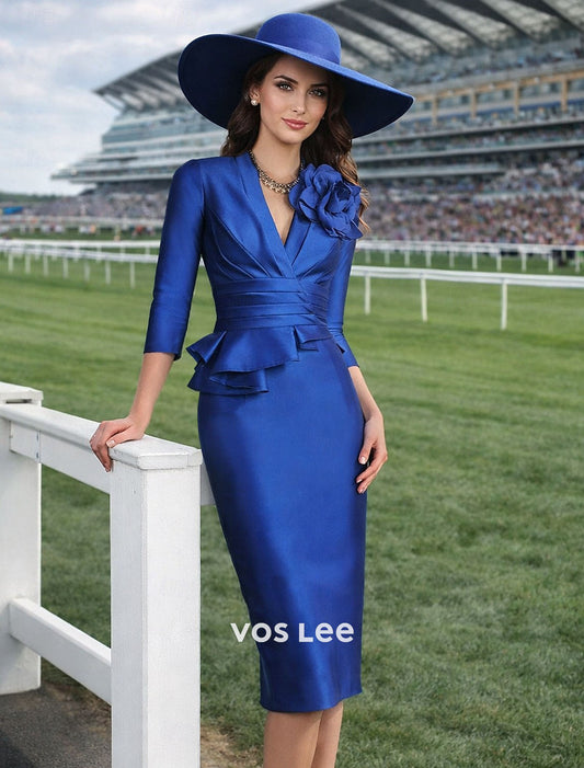 Royal Blue Satin Sheath Mother of the Bride Dress V-Neck 3/4 Sleeve Formal Outfit