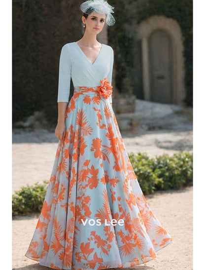 Orange Floral Maxi Dress | 3/4 Sleeve V-Neck Formal Gown with Floral Applique