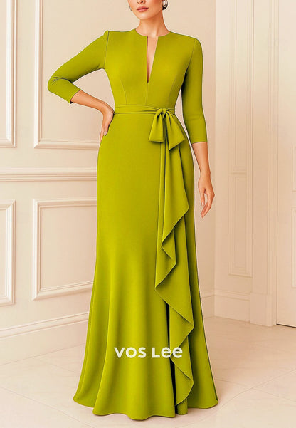 Elegant V Neck Satin 3/4 Sleeves Sheath Long Mother Dress for Bride With Bow