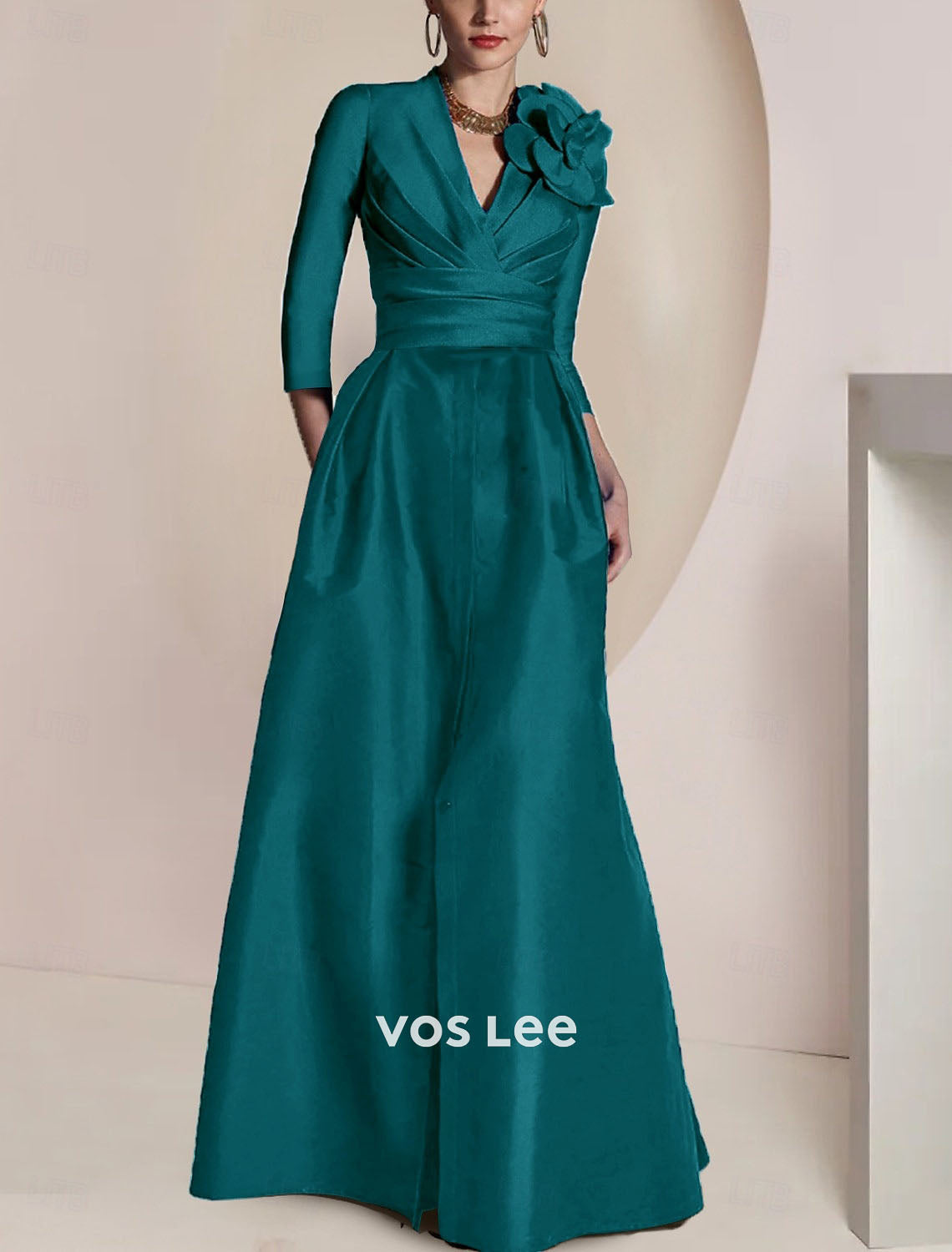 Royal Blue Satin Formal Gown | V-Neck 3/4 Sleeve Maxi Dress with Floral Applique, Pockets & Front Slit