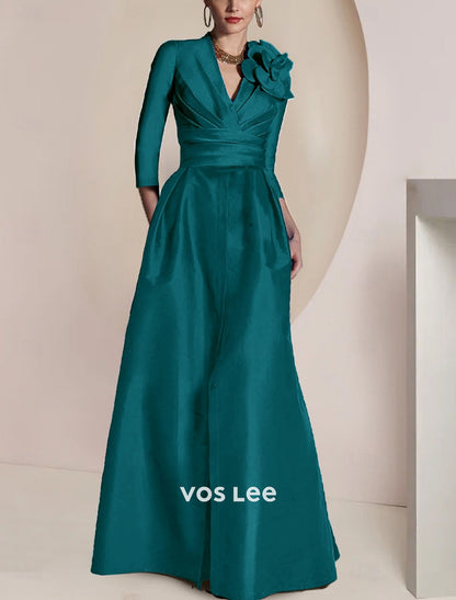Royal Blue Satin Formal Gown | V-Neck 3/4 Sleeve Maxi Dress with Floral Applique, Pockets & Front Slit