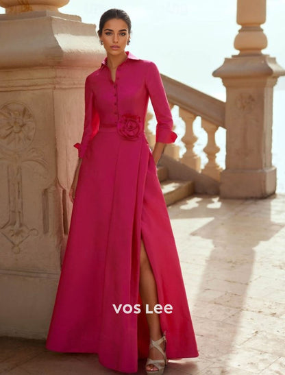 Emerald Green Satin 3/4 Sleeve Collared Formal Gown with Slit & Floral Dress