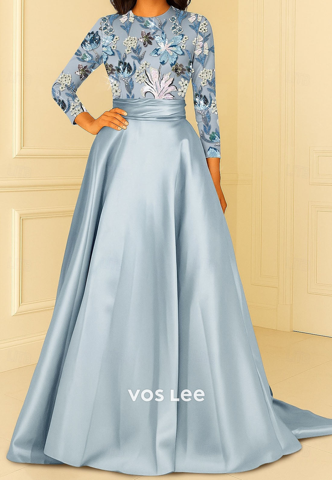 O-Neck Long Sleeves Sequins Flwers A Line Satin Evening Dress Mother Dress